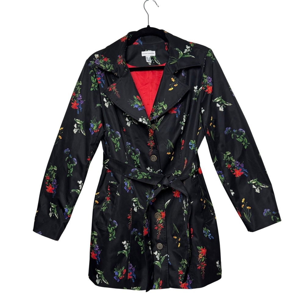 Susan Graver Black Floral Trench Coat Belted Rain Jacket Size 12 A302642